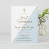 シンプルなブルー・ホワイト・ゴールドのモダンな初めての聖体拝領 招待状 (スタンド正面)