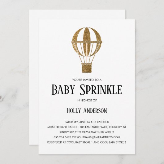 シンプルなベビーは金ゴールドのグリッターの熱気の気球を振りかけます 招待状 (正面/裏面)