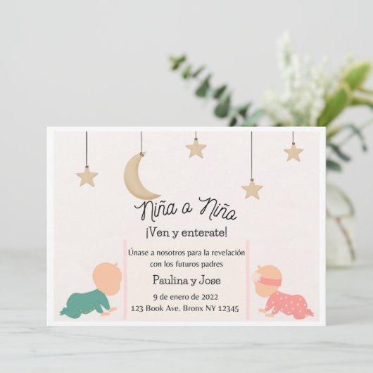 シンプルなベビー性別発表招待状（スペイン語） 招待状 (スタンド正面)