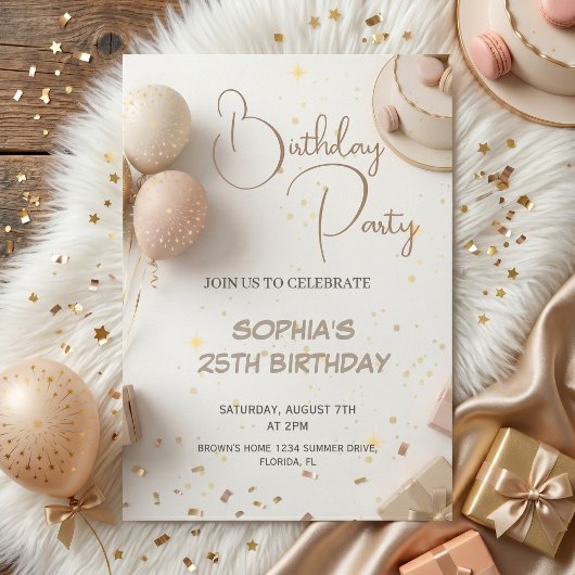 シンプルなベージュとゴールドの誕生日パーティーデザイン 招待状