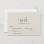 シンプルなベージュの結婚式RSVP+メニューオプション 出欠カード (正面)