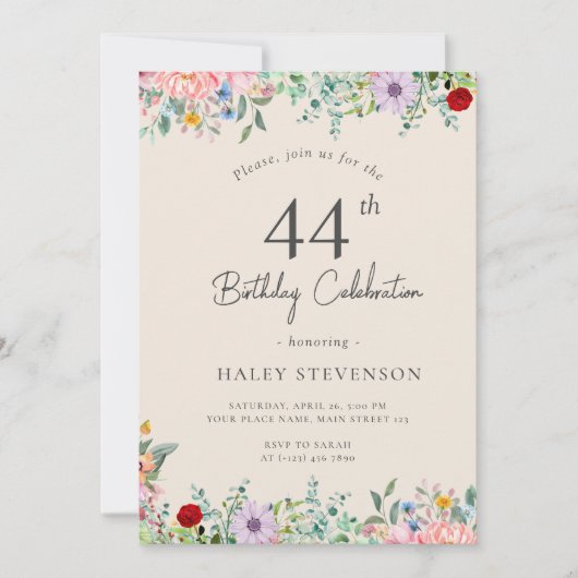 シンプルなベージュの44歳の誕生日 ワイルドフラワー ブホ風 ラスティック 招待状 (正面)
