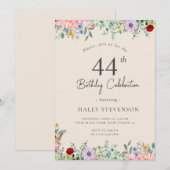 シンプルなベージュの44歳の誕生日 ワイルドフラワー ブホ風 ラスティック 招待状 (正面/裏面)