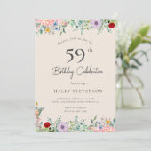 シンプルなベージュの59歳の誕生日 ワイルドフラワー ブホ風 招待状 (スタンド正面)