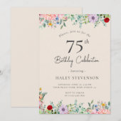シンプルなベージュの75歳の誕生日 野の花 ラスティック ボホ 招待状 (正面/裏面)