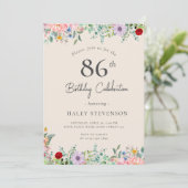 シンプルなベージュの86歳の誕生日 ワイルドフラワー ラスティック ボホ 招待状 (スタンド正面)