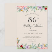 シンプルなベージュの86歳の誕生日 ワイルドフラワー ラスティック ボホ 招待状 (正面/裏面)