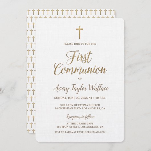 シンプルなホワイトゴールドのクロス　モダン　初めての聖体拝領 招待状 (正面/裏面)