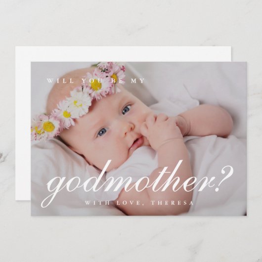 シンプルなホワイトスクリプトの名付け親提案写真 招待状 (正面/裏面)