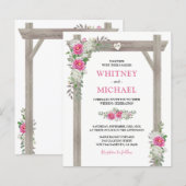 シンプルなホワイト背景のブジェット ウェディング アーク ピンク フラワー 招待状 (正面/裏面)