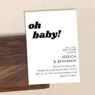 シンプルなホワイト背景のモダンな「Oh Baby」ベビーシャワー 招待状