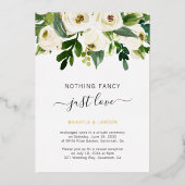 シンプルなホワイト フローラル ゴールド エレガント ウェディング レセプション 箔招待状 (正面)