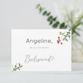 シンプルなボタニカルピンクの赤と緑の花のブライズメイド 招待状 (スタンド正面)