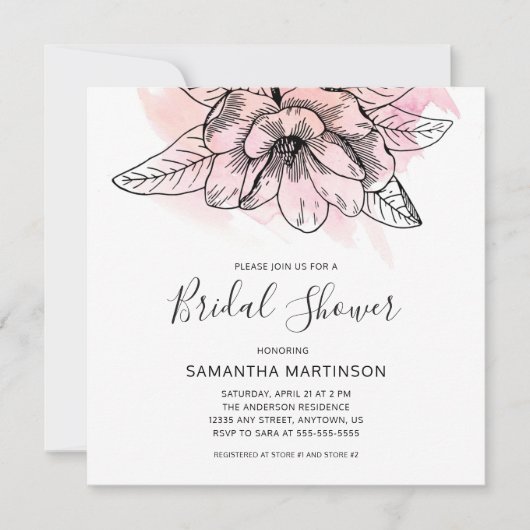 シンプルなマグノリアのピンクの水彩画の正方形の花嫁ショー 招待状 (正面)