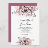 シンプルなマグノリアのピンクの水彩画の結婚式 招待状 (正面/裏面)