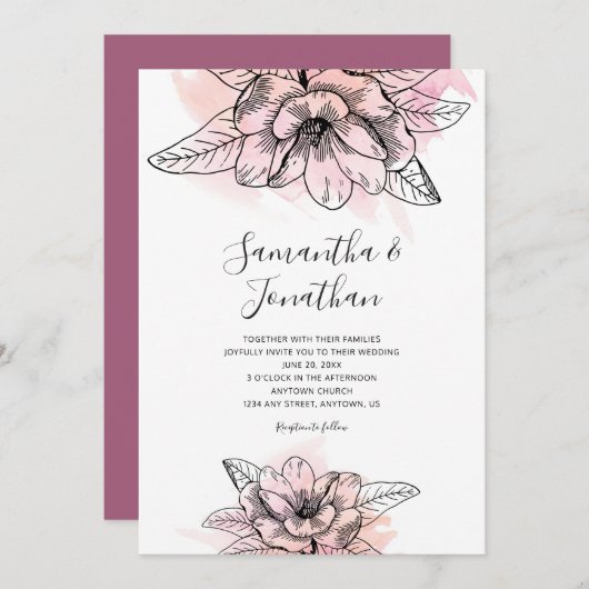 シンプルなマグノリアのピンクの水彩画の結婚式 招待状 (正面/裏面)