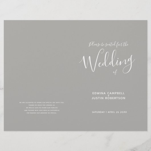 シンプルなミディアムグレーのテキスト結婚式プログラム (正面)
