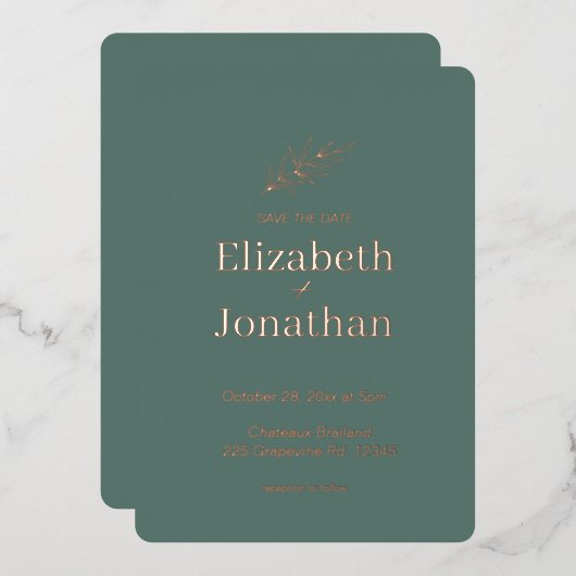 シンプルなミニマリストの葉の結婚式のSave the Date 箔招待状 (正面/裏面)