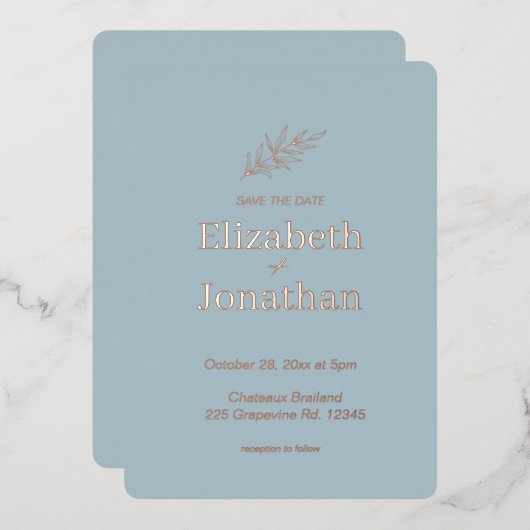 シンプルなミニマリストの葉の結婚式のSave the Date 箔招待状 (正面/裏面)