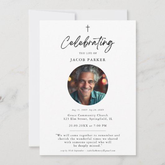 シンプルなメモリアル ライフ クロス フォト 招待状 (正面)