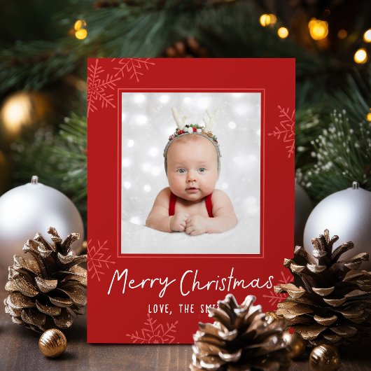 シンプルなメリークリスマスの文字 スノーフレーク 写真入り シーズンカード