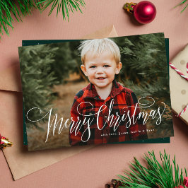 シンプルなメリークリスマス1枚の写真とグリーンのファミリーカード シーズンカード