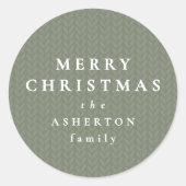 シンプルなメリークリスマス セージグリーン ニット柄 ラウンドシール (正面)