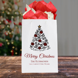 シンプルなメリークリスマス+家族の名前+ツリー ミディアムペーパーバッグ