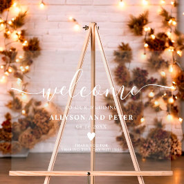 シンプルなモダンでエレガントなホワイトスクリプトウェディングウェルカム アクリルサイン