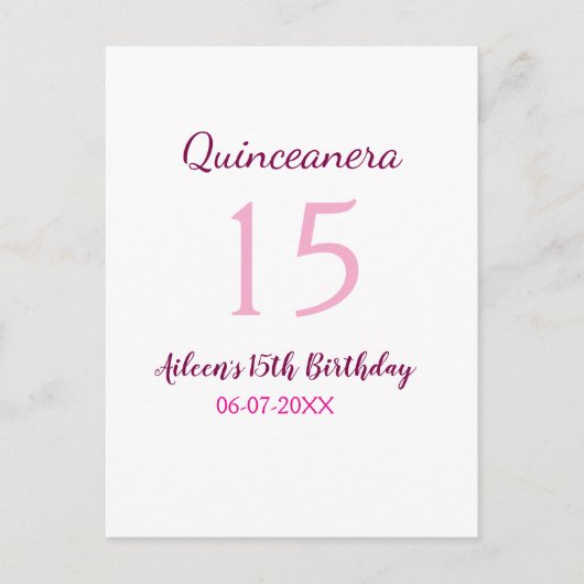 シンプルなモダンなピンクのキンチアニエラ 15歳の誕生日 ポストカード (正面)