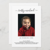 シンプルなモダンの第1誕生日のパーティの招待状 サンキューカード (正面/裏面)