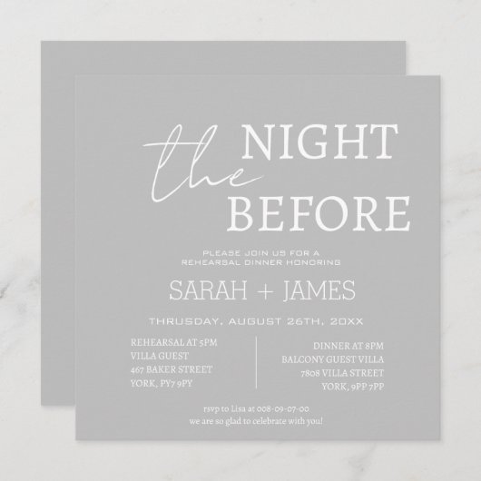 シンプルなモダングレーホワイトリハーサルディナーウェディング 招待状 (正面/裏面)