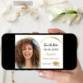 シンプルなモダン写真アーチ ゴールド 卒業パーティー セーブザデート