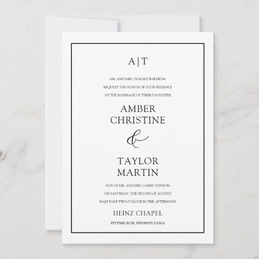 シンプルなモノクロのエレガントなミニマル 招待状 (正面)