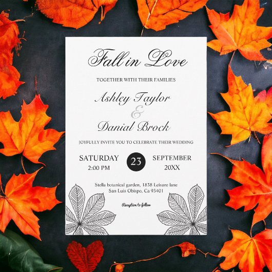 シンプルなモノクロの秋の恋愛 オータムウェディング 招待状