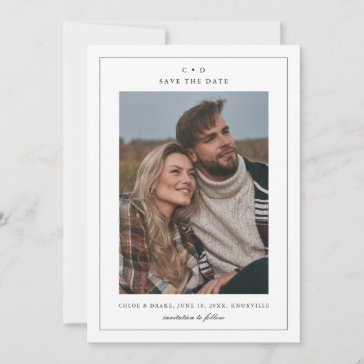 シンプルなモノクロの結婚式の写真 セーブザデート (正面)