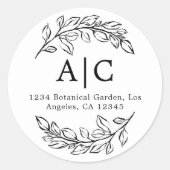 シンプルなモノクロの葉のデザインの返信住所ラベル ラウンドシール (正面)