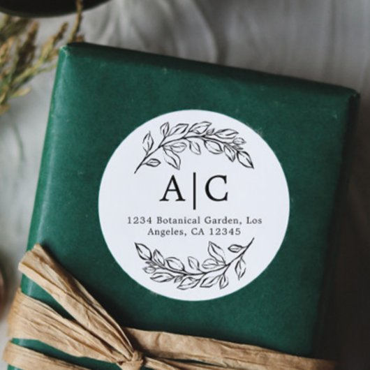 シンプルなモノクロの葉のデザインの返信住所ラベル ラウンドシール