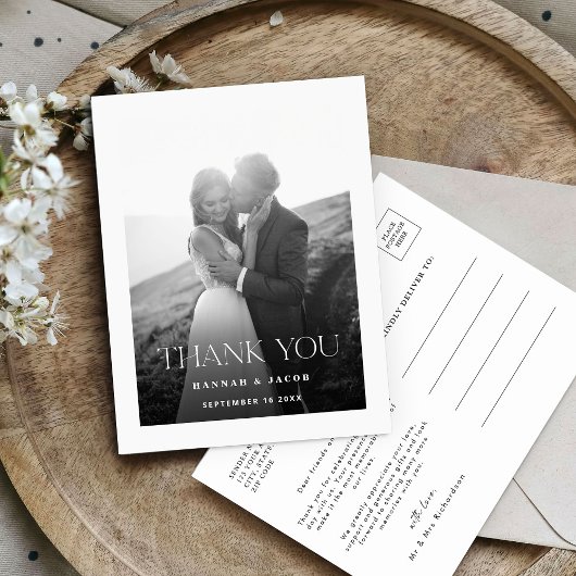 シンプルなモノクロ写真の結婚式のお礼 ポストカード