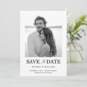 シンプルなモノクロ写真の結婚式延期はがき セーブザデート (スタンド正面)