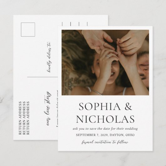 シンプルなモノクロ写真の結婚式Save the Date 案内ポストカード (正面/裏面)