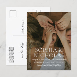 シンプルなモノクロ写真の結婚式Save the Date 案内ポストカード