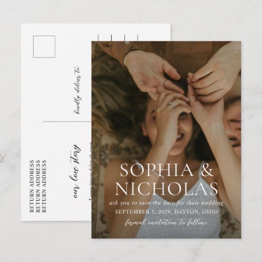 シンプルなモノクロ写真の結婚式Save the Date 案内ポストカード (正面/裏面)