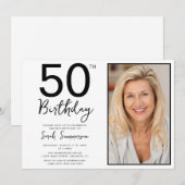 シンプルなモノクロ写真 50歳の誕生日パーティー 招待状 (正面/裏面)