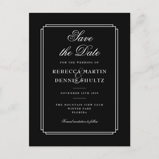 シンプルなモノクロ クラシック デコ セーブ・ザ・デート 案内ポストカード (正面)