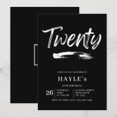 シンプルなモノクロ モダンブラシ 20歳の誕生日 招待状 (正面/裏面)