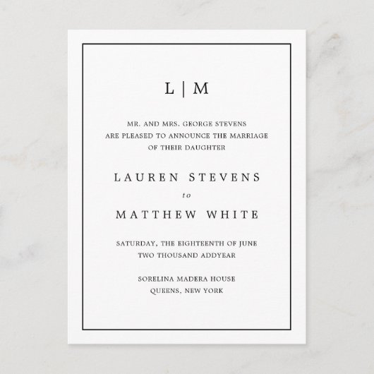 シンプルなモノグラムのエレガントな結婚式 案内ポストカード (正面)