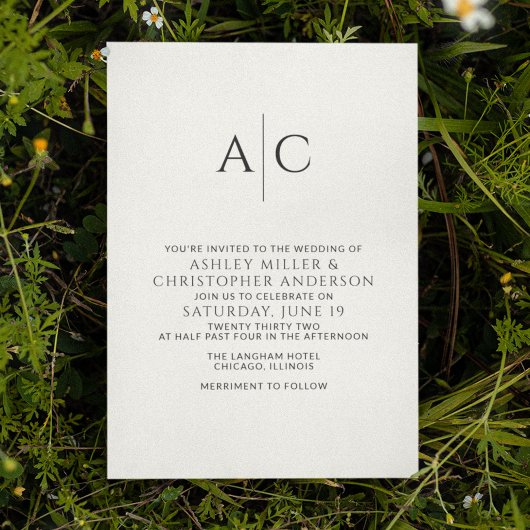 シンプルなモノグラムの白黒結婚式 招待状