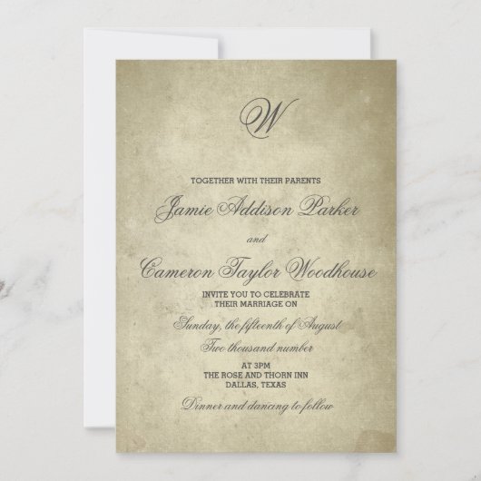 シンプルなモノグラム|のヴィンテージのペーパー結婚式 招待状 (正面)