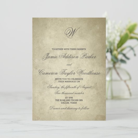 シンプルなモノグラム|のヴィンテージのペーパー結婚式 招待状 (スタンド正面)